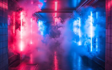 Fototapeta na wymiar Surreal Photography of a hallway lined with 3D neon lights, dimly lit, fog 