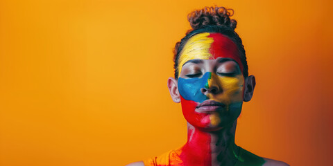 Closeup of a woman multicolored painted face on an orange background 