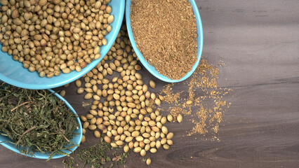 Dried coriander seeds with fresh green leaf isolated on wooden background. Top view. Flat lay