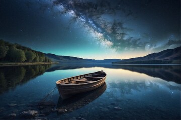 A boat floating on the surface of a reservoir under a starry sky.