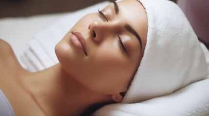 Woman enjoying a soothing spa treatment, relaxed and peaceful, close-up beauty portrait