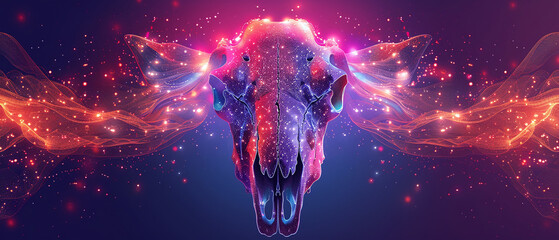 Abstract digital dot fantasy of a fiery animal skull, set in a neonlit, surreal world, glowing with vibrant colors and soft ambient light