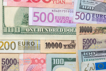banknotes of the most dominant countries in world - dollar, euro, yuan, yen