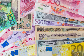Japanese yen, US dollar, Chinese yuan, Euro. Financial concept.