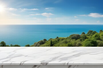 wide white marble table top with sea view