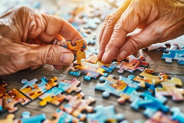 Close-up of elderly people's hands assembling a colorful puzzle, a concept of mental health.