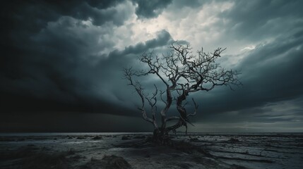 Haunting lone tree against a stormy sky, moody landscape, dramatic weather scene - Powered by Adobe