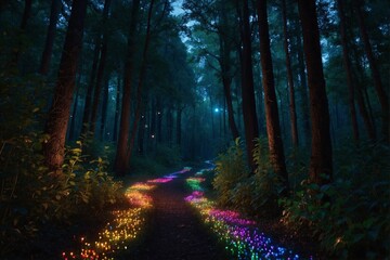 Obraz premium A dark forest filled with many colorful lights