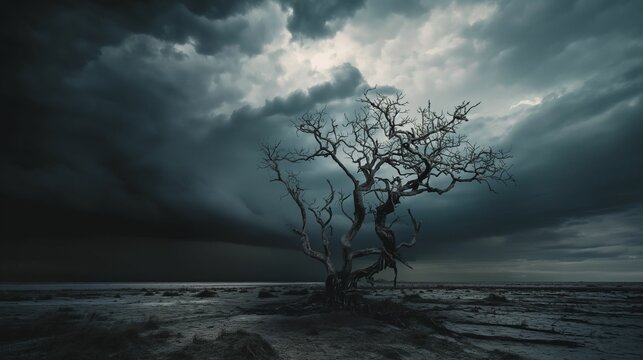 Haunting lone tree against a stormy sky, moody landscape, dramatic weather scene