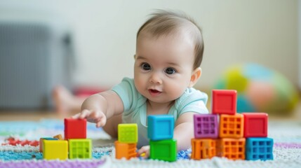 A baby playing with colorful blocks and stacking them up.