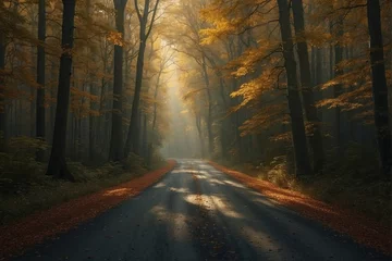 Foto op Plexiglas An autumn road in the middle of the forest, illuminated by sunlight. © alexx_60