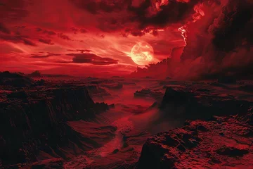 Tafelkleed Apocalyptic Landscape, End of the World Scenario, Dramatic Red Sky - 3D Illustration © furyon