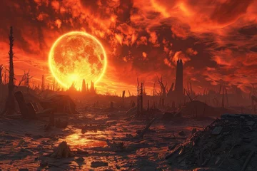 Zelfklevend Fotobehang Apocalyptic Landscape, End of the World Scenario, Dramatic Red Sky - 3D Illustration © furyon