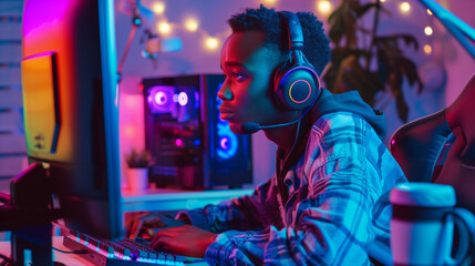 Gamer streamer youtuber or twich streamer young man teenager boy in rgb colored light