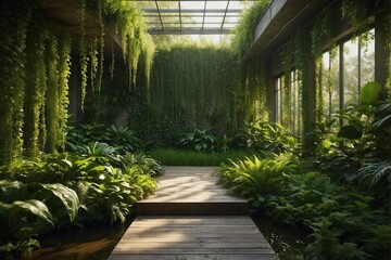 A greenhouse with lush green plants, a veranda next to a pond. - obrazy, fototapety, plakaty