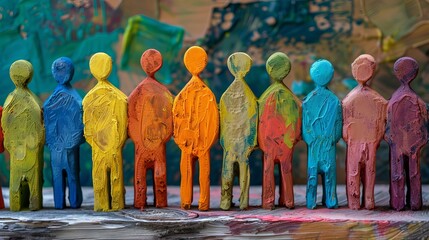 Vibrant hand-painted figurines representing diverse community gathered together – inclusive art...