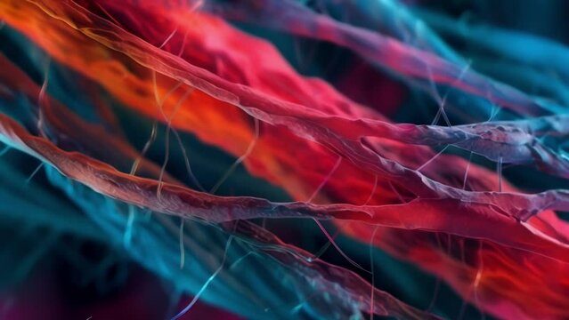 A microscopic view of muscle fibers twisting and intertwining providing a striking display of complexity. . AI generation.