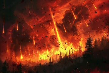 Apocalyptic scene with fiery meteors falling from red sky, end of world doomsday disaster digital painting
