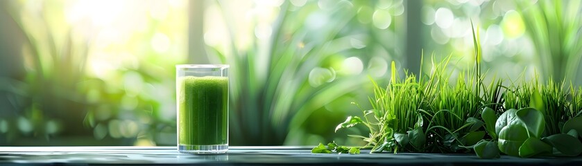 Concentrated Wheatgrass Shot in Transparent Glass with Lush Green Blades and Juicer Showcase of Detox Power and Wellness