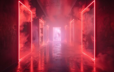 Surreal Photography of a hallway lined with 3D neon lights, dimly lit, fog 