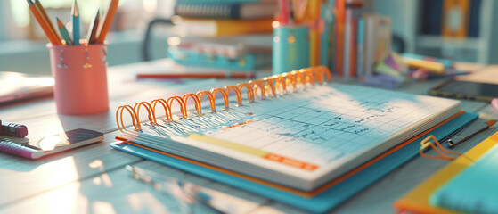 Closeup of a 3D model of a students planner, filled with assignments and extracurricular activities, showcasing organization , 3D animation style , soft shadowns, clean sharp, clean sharp focus