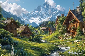A picturesque mountain village with a touch of modernity Generative AI