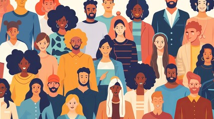 Global unity: diverse group of European, Asian, and American individuals - illustration of worldwide inclusivity and cultural variety - obrazy, fototapety, plakaty
