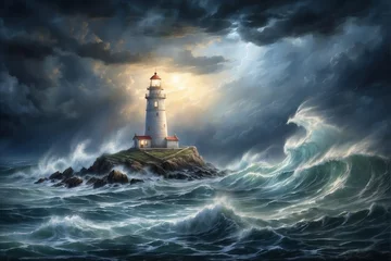 Rolgordijnen The lighthouse lights the way for sailboats in a storm. © alexx_60