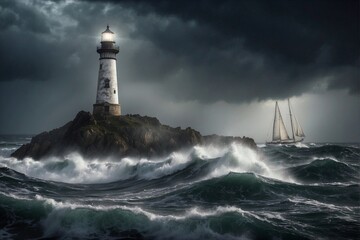 The lighthouse lights the way for sailboats in a storm.