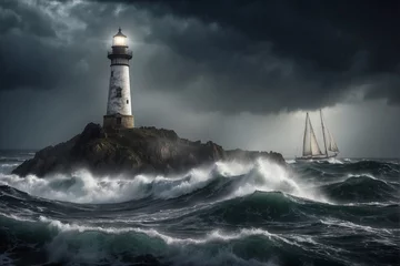  The lighthouse lights the way for sailboats in a storm. © alexx_60