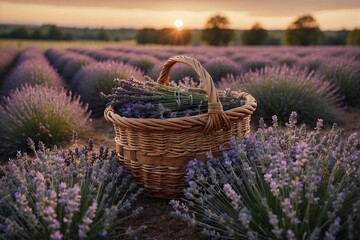 Basket of Lavender at Sunset in Evening Field
