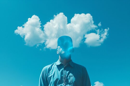 Man standing in front of serene blue sky with fluffy clouds floating above his head