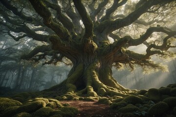 A big tree in the middle of the forest. Ancient Oak Forest Enchantment