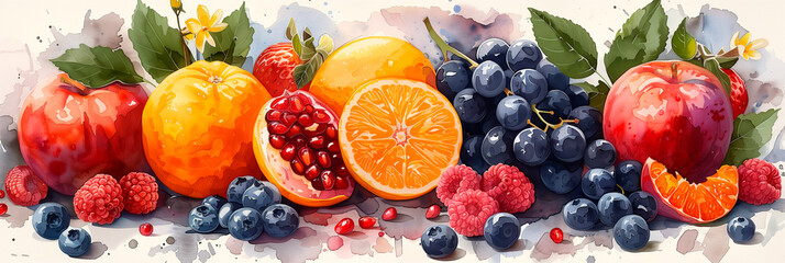 Various juicy beautiful fruits, berries. On a vintage background. Panoramic Banner.