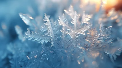 Fotobehang Ice crystals in the detail on a window glass in winter time, AI-generated © SULAIMAN