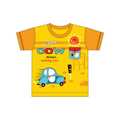 Design with slogan " Little cow always  waiting you " for children's t-shirts. cartoon design template. vector illustration