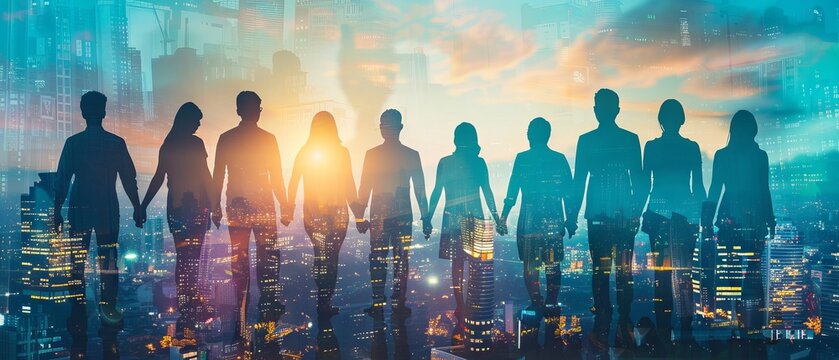 Panoramic view of collaborative teamwork with united hands overlapping in unity against a silhouette of business professionals and urban skyline – symbolizing volunteerism and corporate solidarity