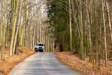 A truck drives along a forest road in early spring.