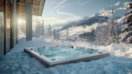 Steam rises from a secluded hot tub, offering a serene retreat amidst the majestic mountain scenery. 