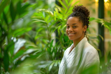 Young African American woman smiling in a spa surrounded by lush greenery.