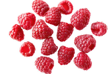 Falling fresh raspberries in motion, png isolated on transparent background, clipart, cutout. - obrazy, fototapety, plakaty