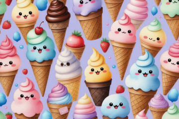 Fototapeta na wymiar Cute kawaii ice cream characters, cartoon character in watercolor style.