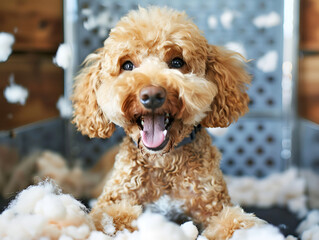 Happy Poodle mix playing in a mountain of grooming foam, pure joy