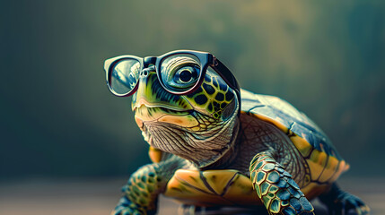 Cute little green turtle with glasses in front of studio background.