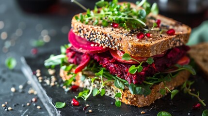 Wholesome sandwiches showcase beetroot hummus, layered with avocado, cucumber, and microgreens for a nutritious bite.  - obrazy, fototapety, plakaty