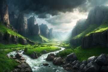 Raging River Flowing Through Lush Green Valley Amidst Cliffs - obrazy, fototapety, plakaty
