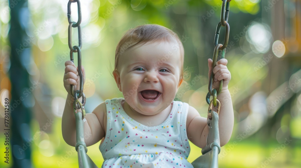 Wall mural A baby laughing joyfully as they're swung gently in the air. 