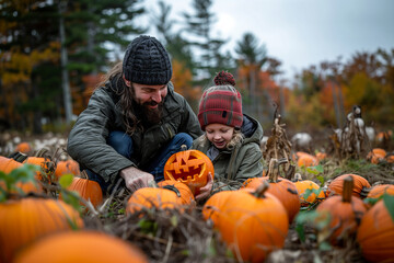 A family visiting a pumpkin patch in the fall, picking out pumpkins and carving them into jack-o'-lanterns. Man and child carving pumpkins in a pumpkin patch under the sky - Powered by Adobe