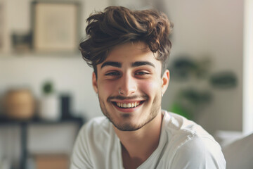 A portrait of a cheerful young man with a nose ring, modern hairstyle, and a white t-shirt, exuding a friendly vibe - obrazy, fototapety, plakaty
