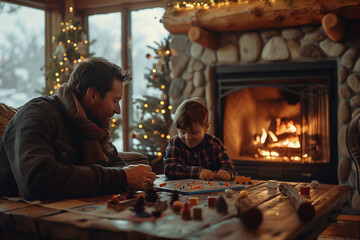 A family playing board games by the fireplace, enjoying cozy nights indoors during the winter. A man boy share heat by playing board game in front of fireplace